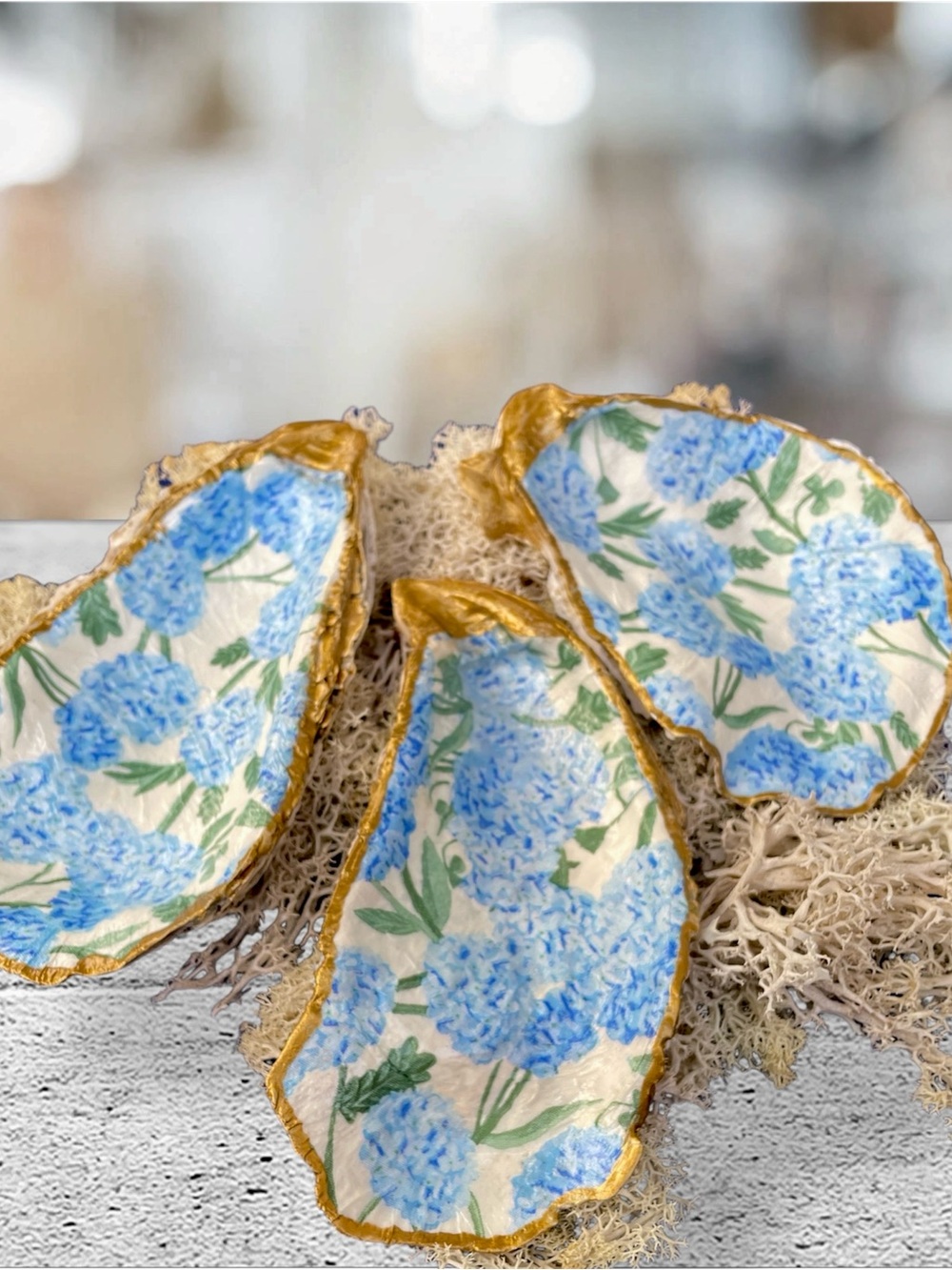 Hand-Painted Floral Oyster Shell Dish in Blue and Gold